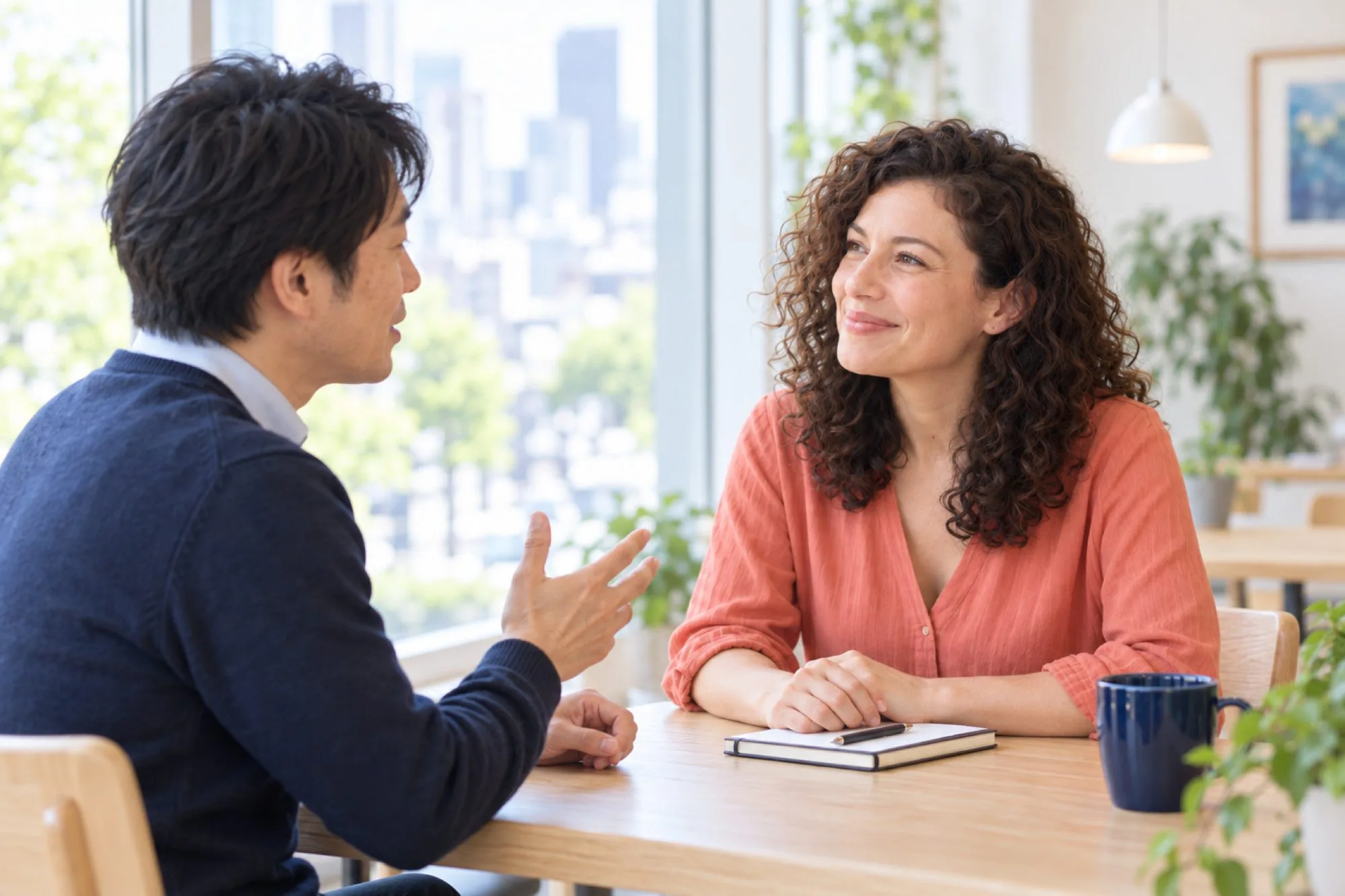 カウンセリングの中ほど、先生と英語で話す受講生。先生はうなずきながら聞き、手元の紙には何も書いていない（写真は見本）