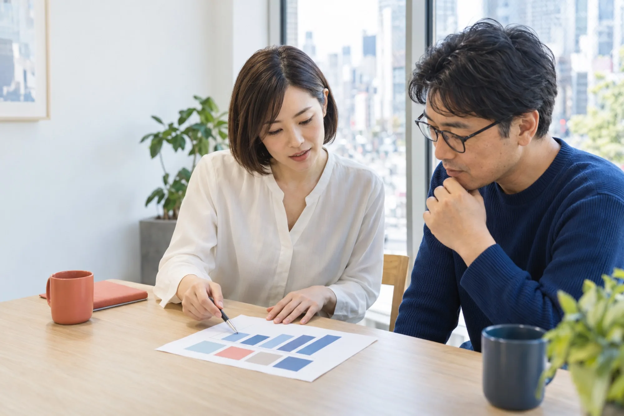 学習カウンセラーと受講生が、一枚の学習の計画を並んで見ている（写真は見本）